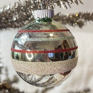 Radko Shiny Brite Glitter‎ Striped Ornament Ball Red Light Green White Matte Mcm